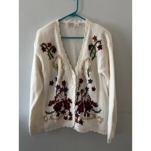 Vintage Needles & Yarn Womens Knit Cardigan Sweater Medium Ivory Grandmacore